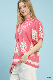 UMGEE Boho Print Split-Neck Short Sleeve Top on Simply Obsessed