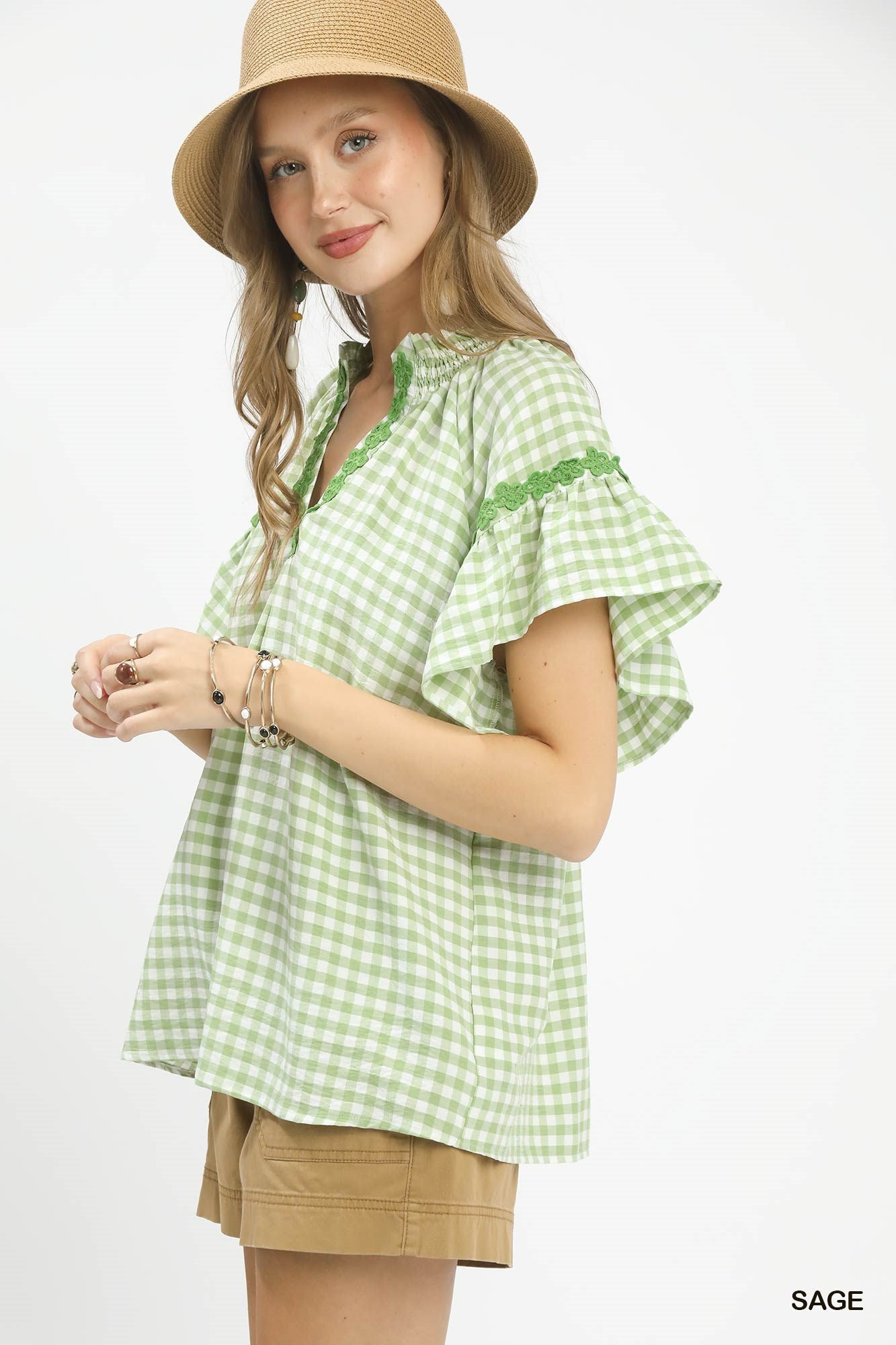UMGEE Gingham Lace Trim Top on Simply Obsessed