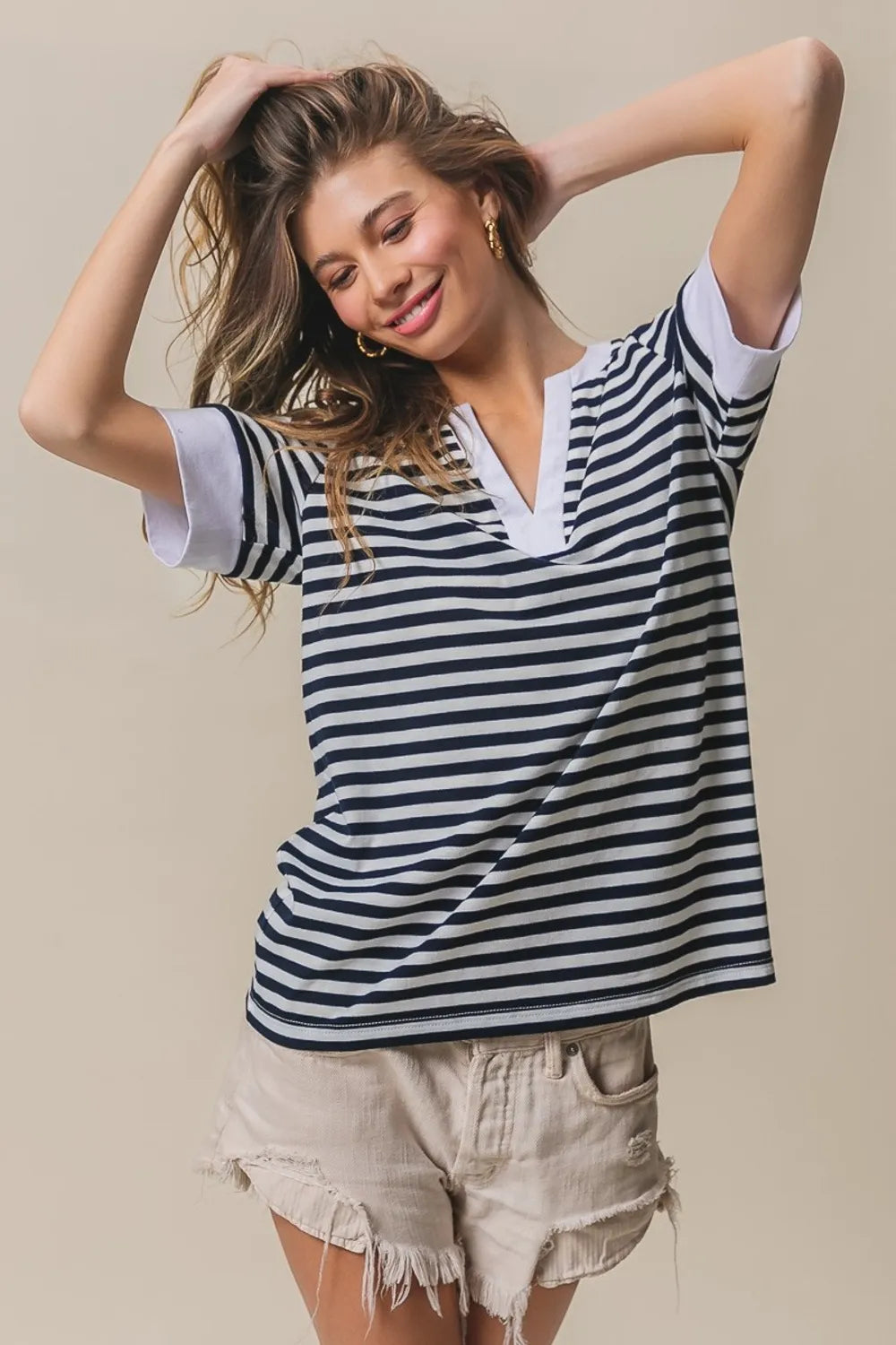 BIBI Contrast Striped Notched Knit Top on Simply Obsessed