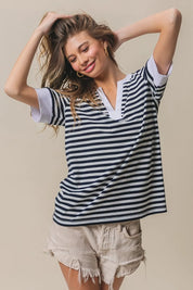 BIBI Contrast Striped Notched Knit Top on Simply Obsessed