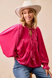 BiBi Christmas Theme Velvet Bow Tied Blouse on Simply Obsessed