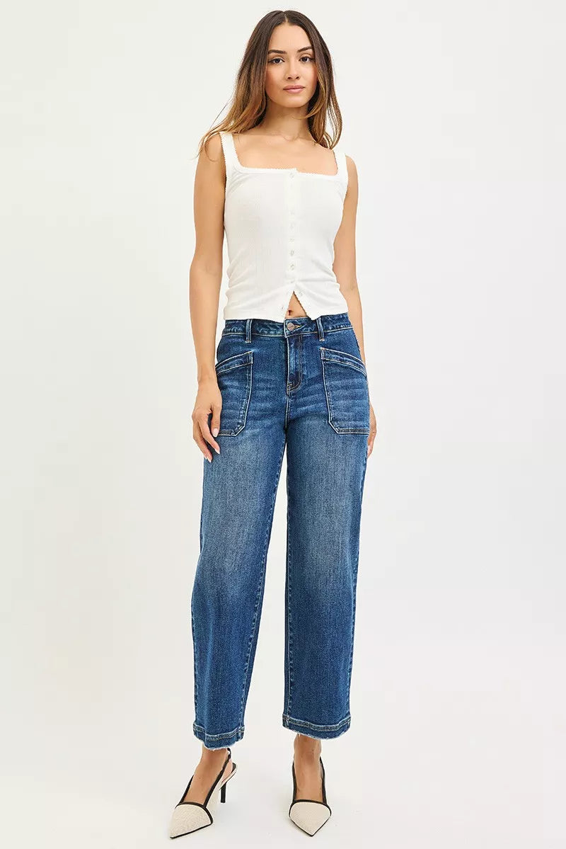 RISEN Slouchy Cropped Baggy Jeans with Front Patch Pocket on Simply Obsessed