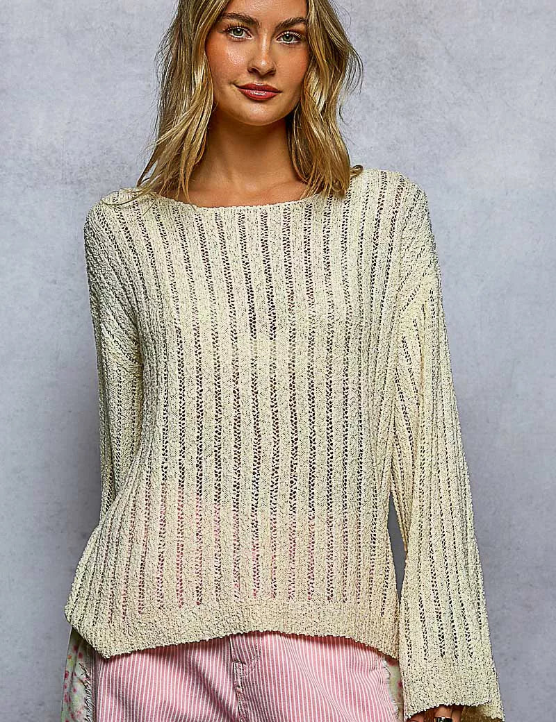 POL Round Neck Long Sleeve Open Weave Sweater on Simply Obsessed