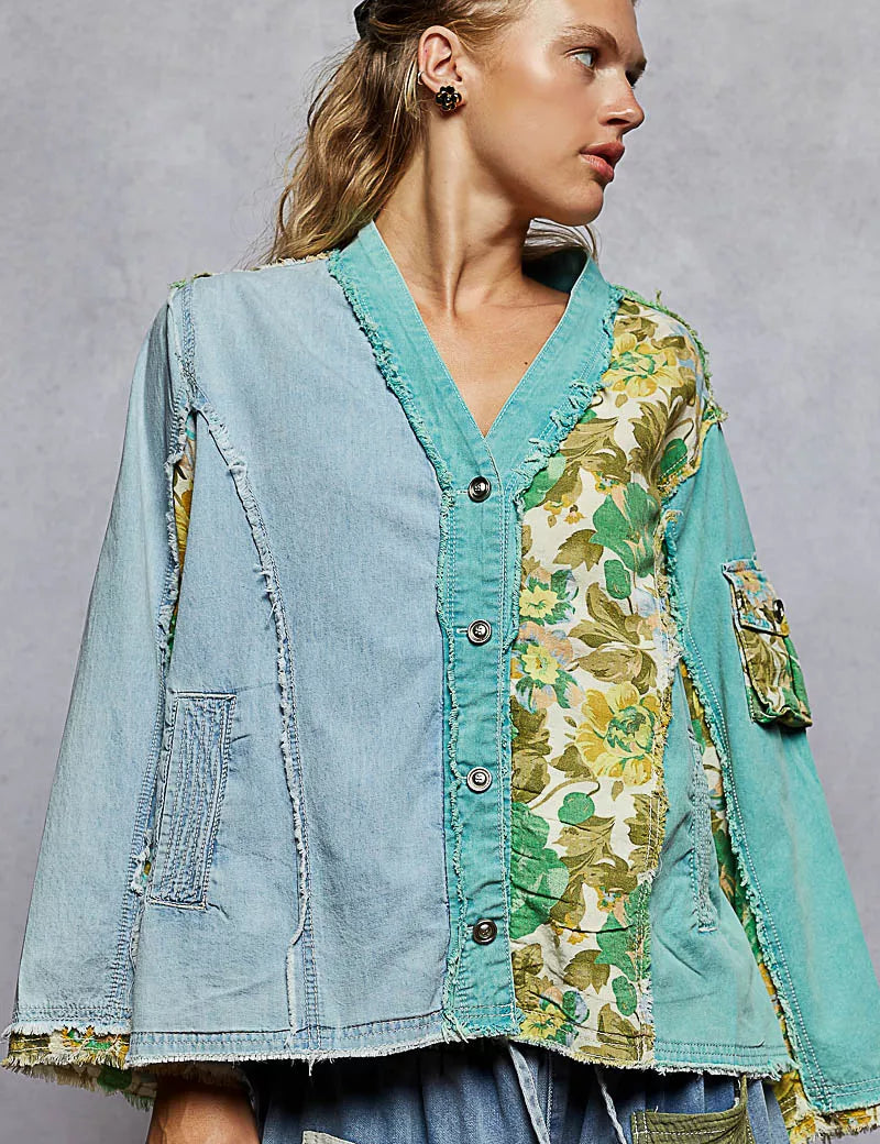 POL Button Down Floral V-Neck Long Sleeve Raw Hem Top on Simply Obsessed