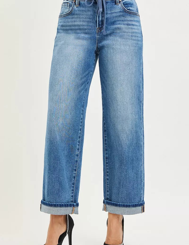 RISEN Elastic Band Slouch Ankle Boyfriend Cuffed Hem Jeans on Simply Obsessed