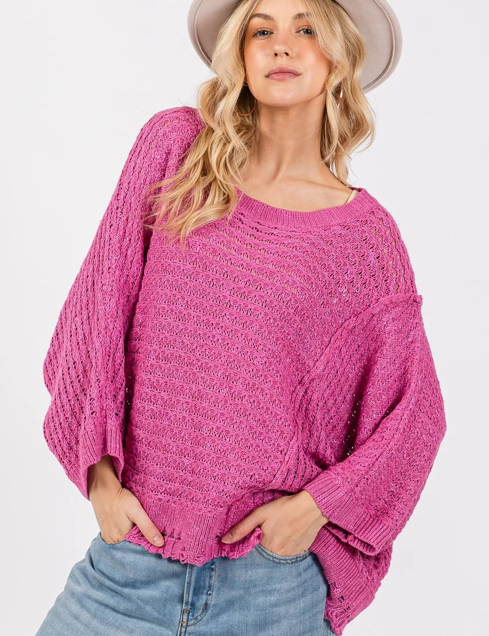 SAGE + FIG Distressed Asymmetrical Open Stitch Sweater on Simply Obsessed