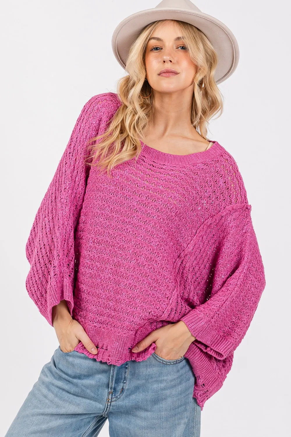 SAGE + FIG Distressed Asymmetrical Open Stitch Sweater on Simply Obsessed