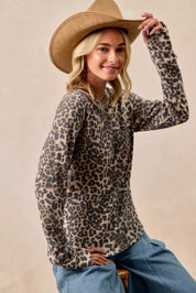 BIBI Leopard Print Washed Waffle Thermal Top with Thumb on Simply Obsessed