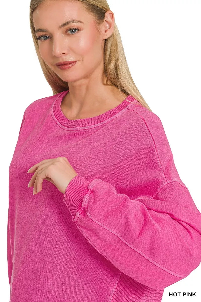 Zenana Full Size French Terry Pigment Dye & Enzyme Washing Pullover Plus Size on Simply Obsessed