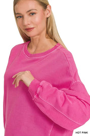 Zenana Full Size French Terry Pigment Dye & Enzyme Washing Pullover Plus Size on Simply Obsessed