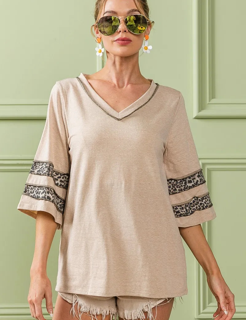 BiBi Triblend Knit Top with Leopard Band Detail on Simply Obsessed