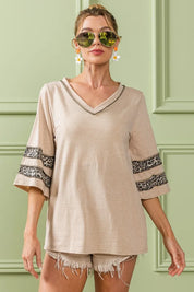 BiBi Triblend Knit Top with Leopard Band Detail on Simply Obsessed