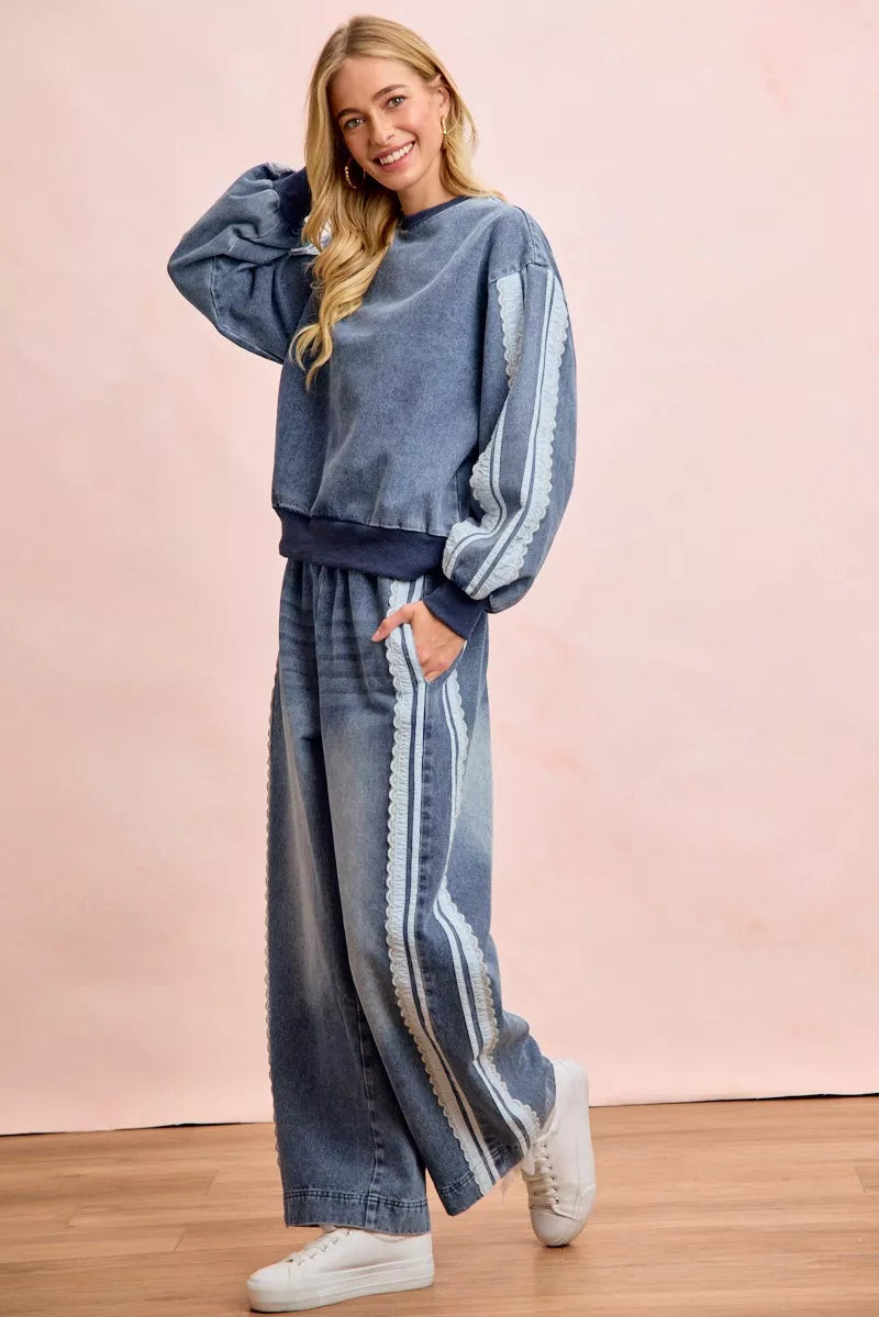 BIBI Washed Denim Lace Contrast Sided Sweatshirt **FALL DEBUT SALE** on Simply Obsessed