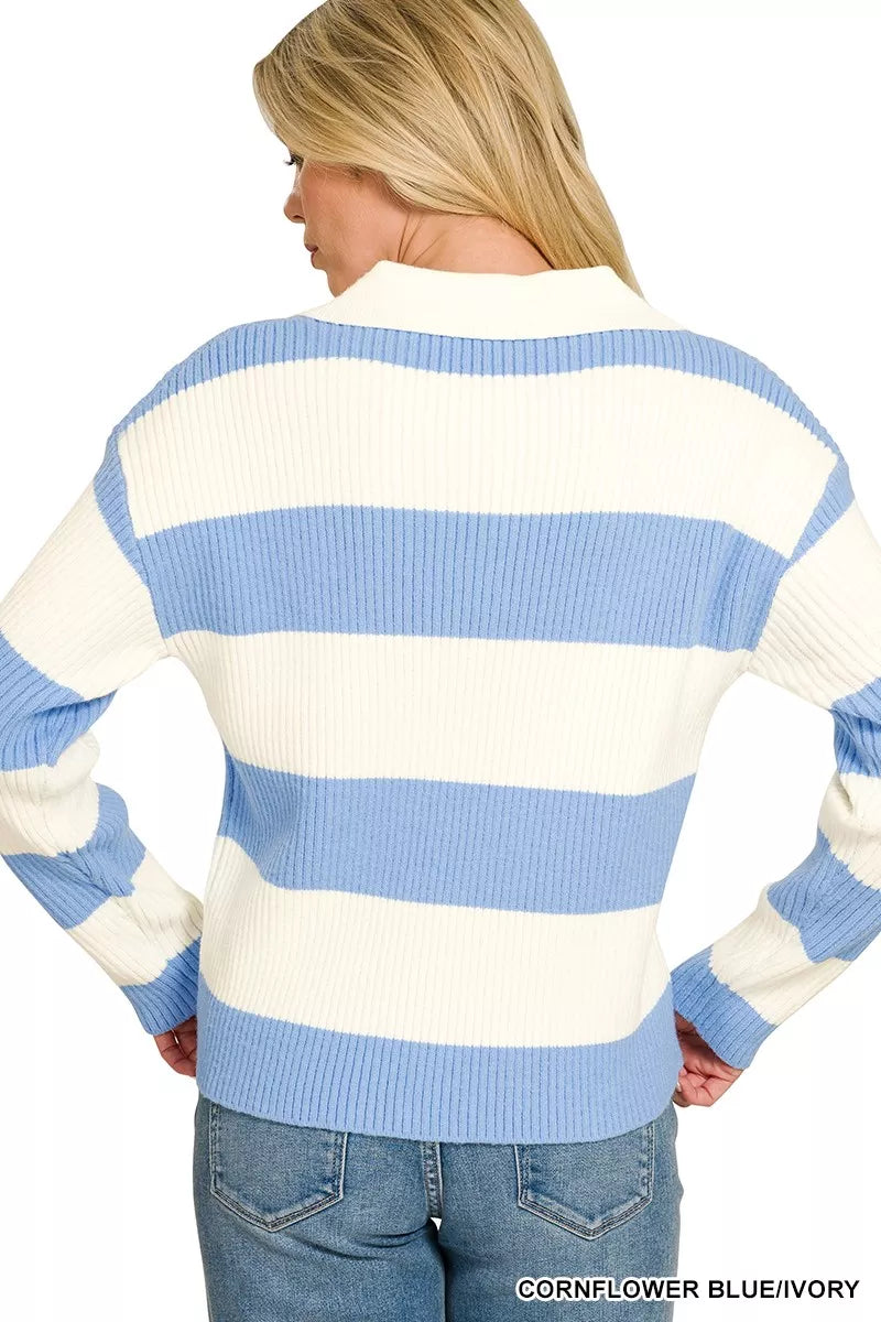 ZENANA Striped Collared Sweater on Simply Obsessed