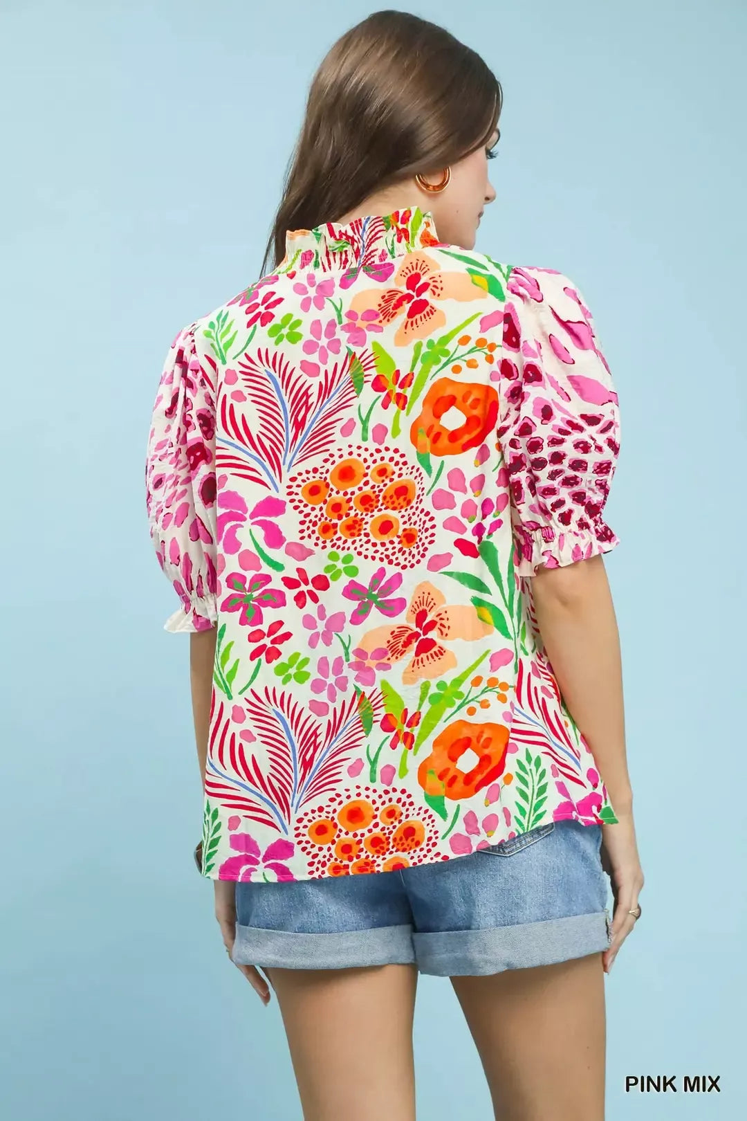 UMGEE V-Neck Ruffle Trim Puff Sleeve Top on Simply Obsessed
