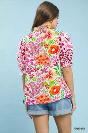 UMGEE V-Neck Ruffle Trim Puff Sleeve Top on Simply Obsessed