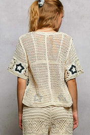 POL Button Front V-Neck Crochet Cardigan with Contast Star on Simply Obsessed