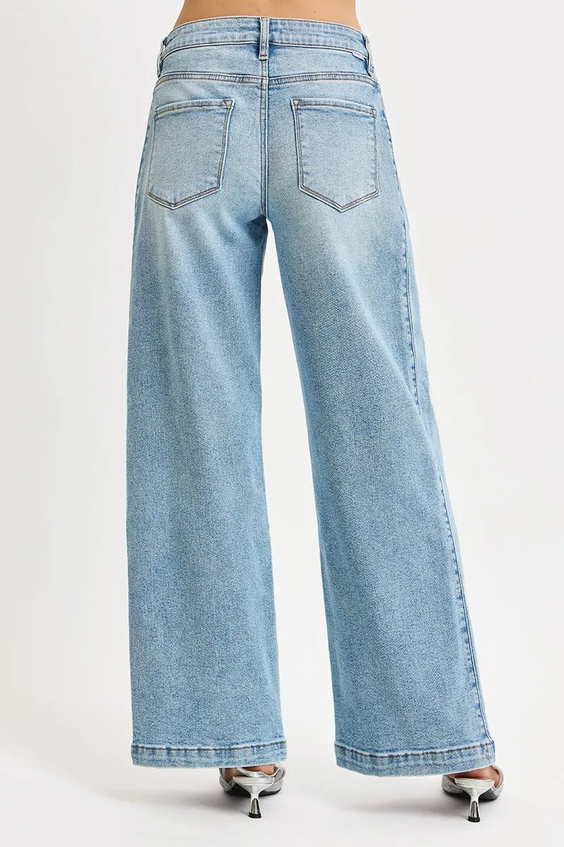 RISEN Mid Rise Wide Barrel Transferable Leg Snap Jeans on Simply Obsessed