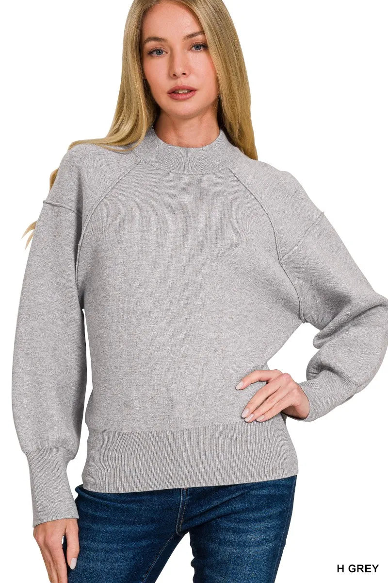 Zenana Viscose Mock Neck Exposed Seam Sweater on Simply Obsessed
