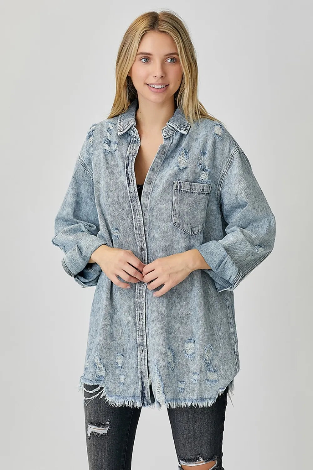 RISEN Distressed Raw Hem Denim Shirt on Simply Obsessed