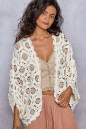 POL Openwork V-Neck Chenille Cardigan with Contrast Floral on Simply Obsessed