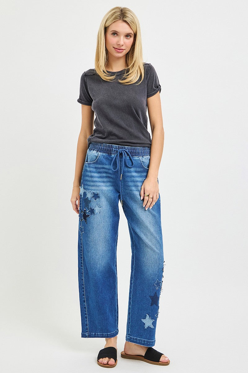 RISEN Elastic Band Slouchy Cropped Barrel with Star Patch on Simply Obsessed