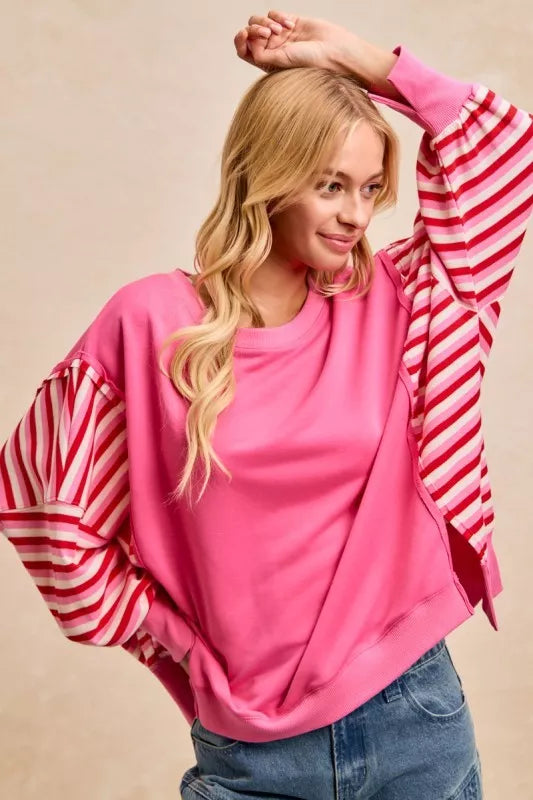 BIBI French Terry Stripe Combo Sweatshirt with Open Seam on Simply Obsessed