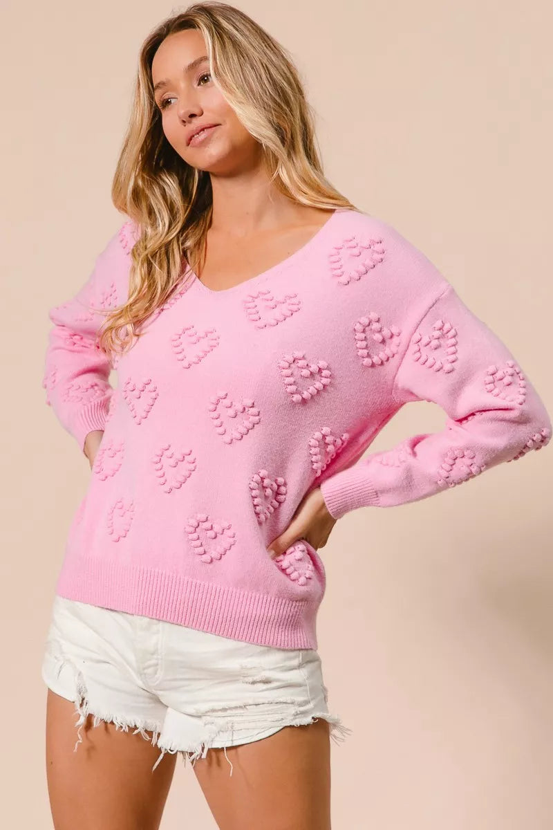 BiBi Valentines Heart Pompom V Neck Knit Top on Simply Obsessed