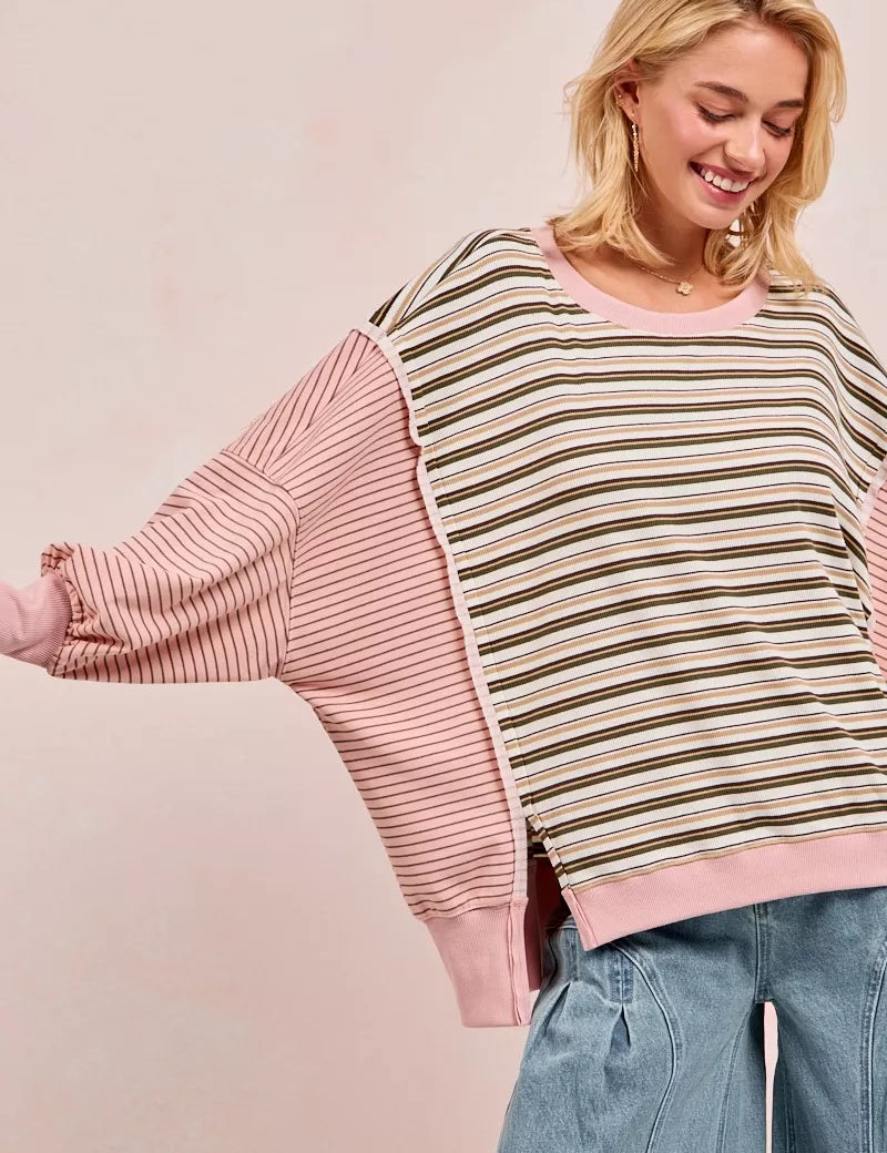 BIBI Stripe Mixed Top With Cut Edge And Reverse Outseam on Simply Obsessed