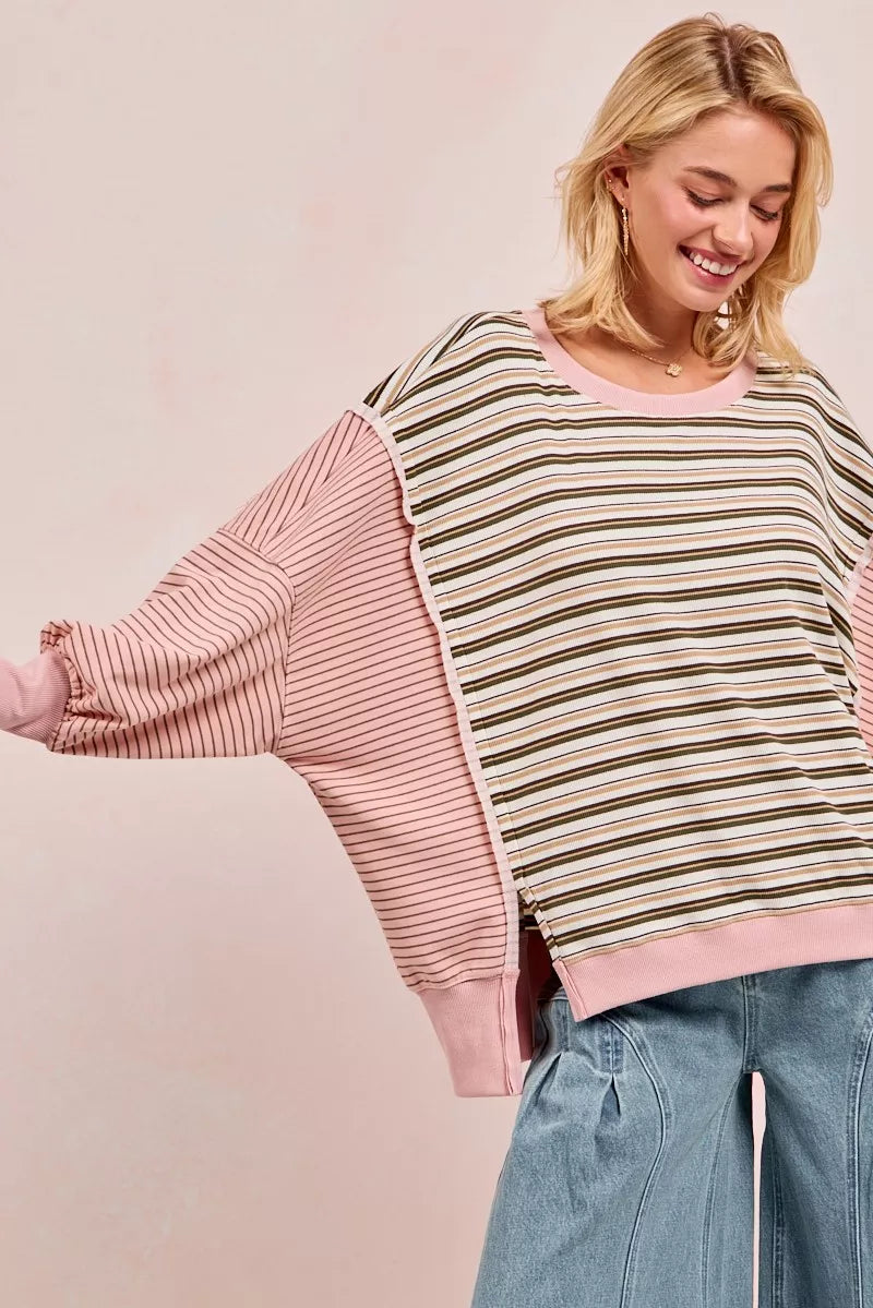 BIBI Stripe Mixed Top With Cut Edge And Reverse Outseam on Simply Obsessed