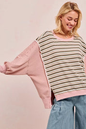 BIBI Stripe Mixed Top With Cut Edge And Reverse Outseam on Simply Obsessed