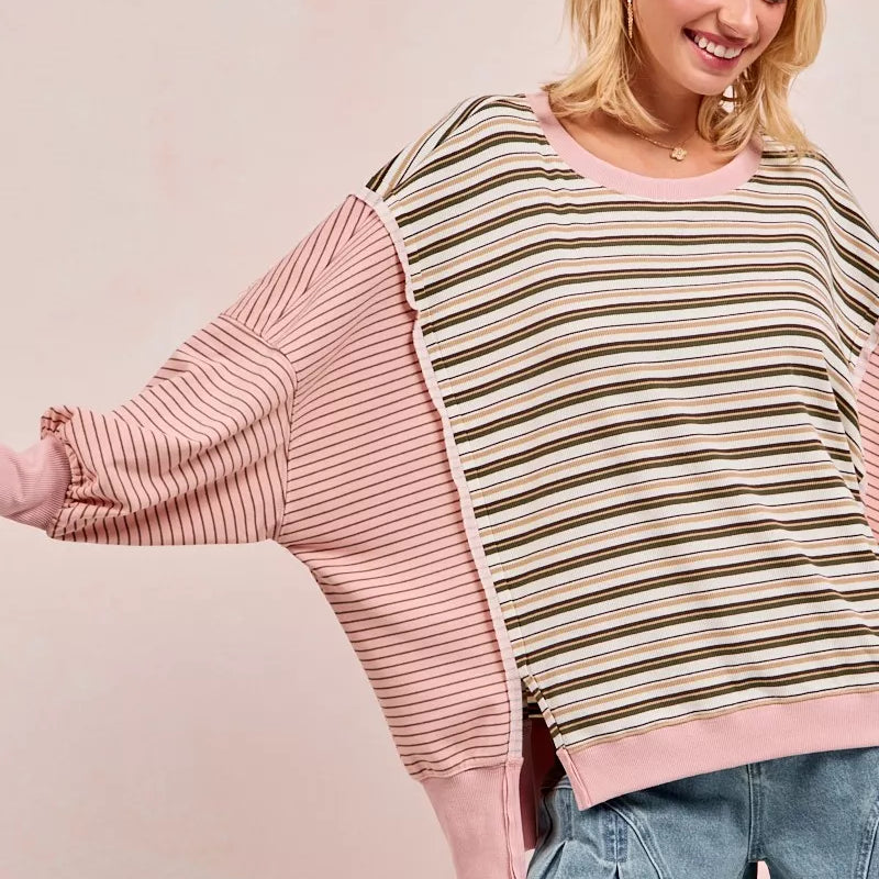 BIBI Stripe Mixed Top With Cut Edge And Reverse Outseam on Simply Obsessed