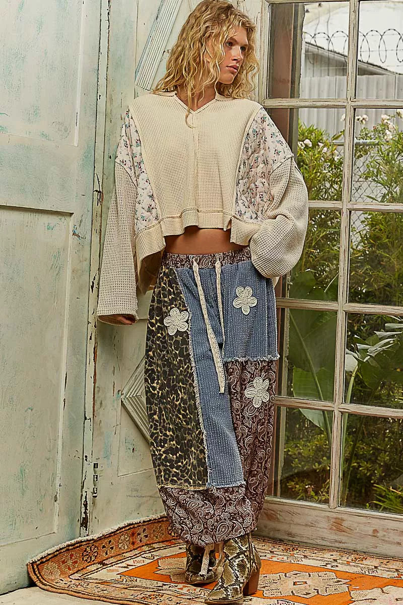 POL Mix Thermal Floral Pattern Quilted Knit Cropped Top with Raw Edge Detail on Simply Obsessed