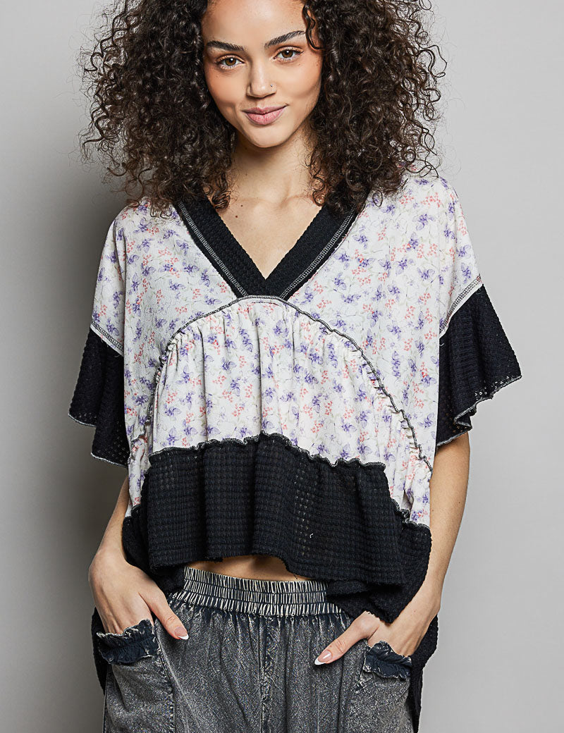 POL Floral Print V-Neck Woven Blouse with Gentle Gathers on Simply Obsessed