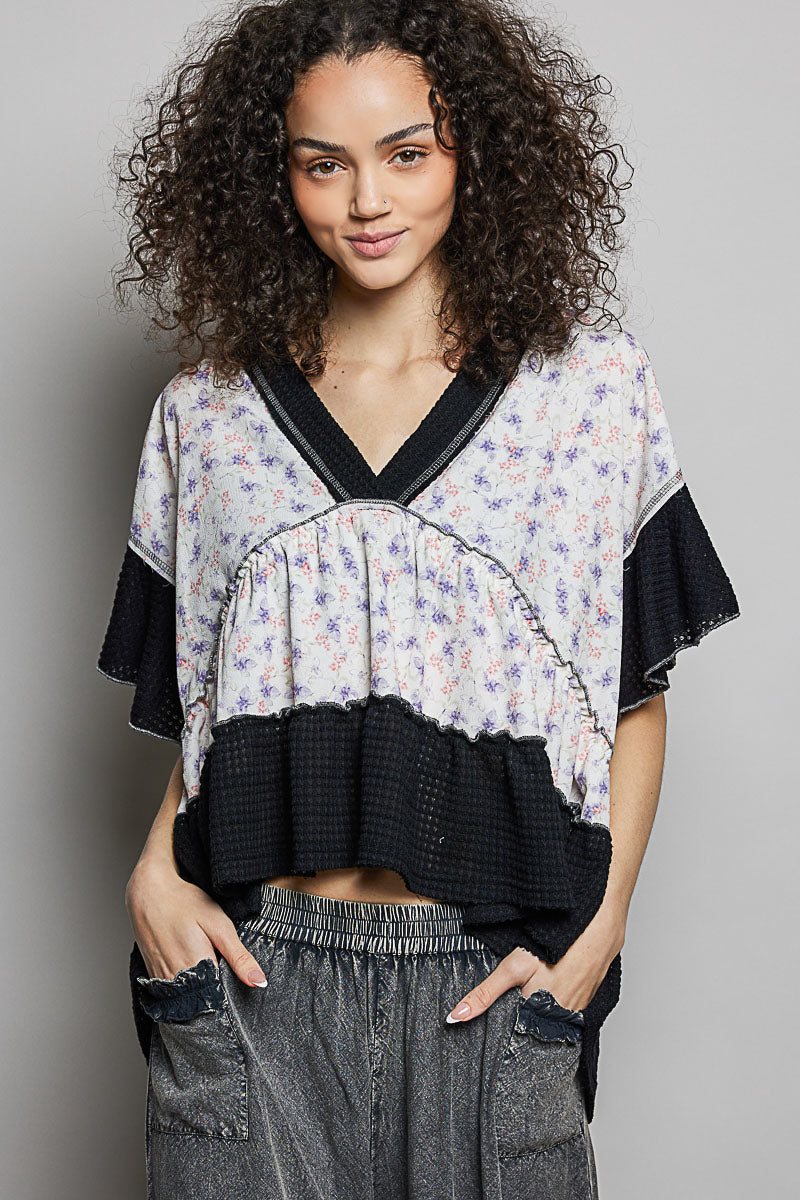 POL Floral Print V-Neck Woven Blouse with Gentle Gathers on Simply Obsessed