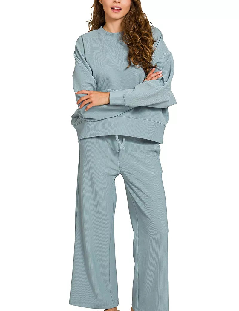 ZENANA Ribbed Round Neck Pullover and Drawstring Pants Set on Simply Obsessed