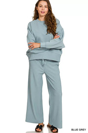 ZENANA Ribbed Round Neck Pullover and Drawstring Pants Set on Simply Obsessed
