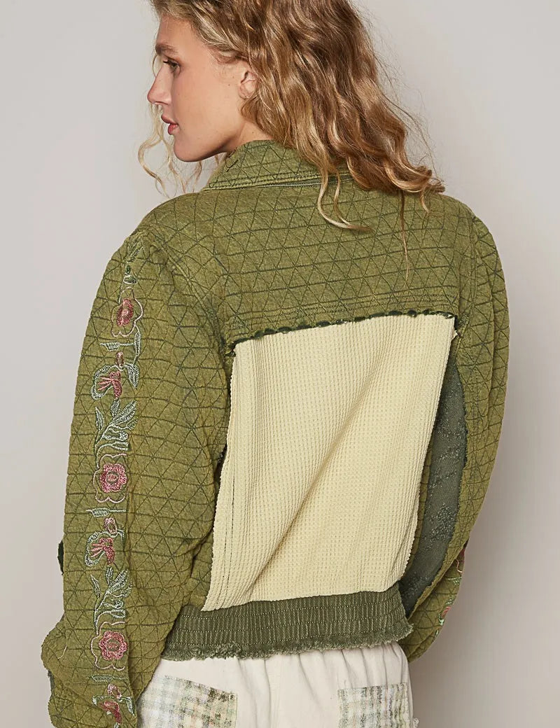 POL Embroidered Sleeve Raw Edge Quilted Jacket on Simply Obsessed