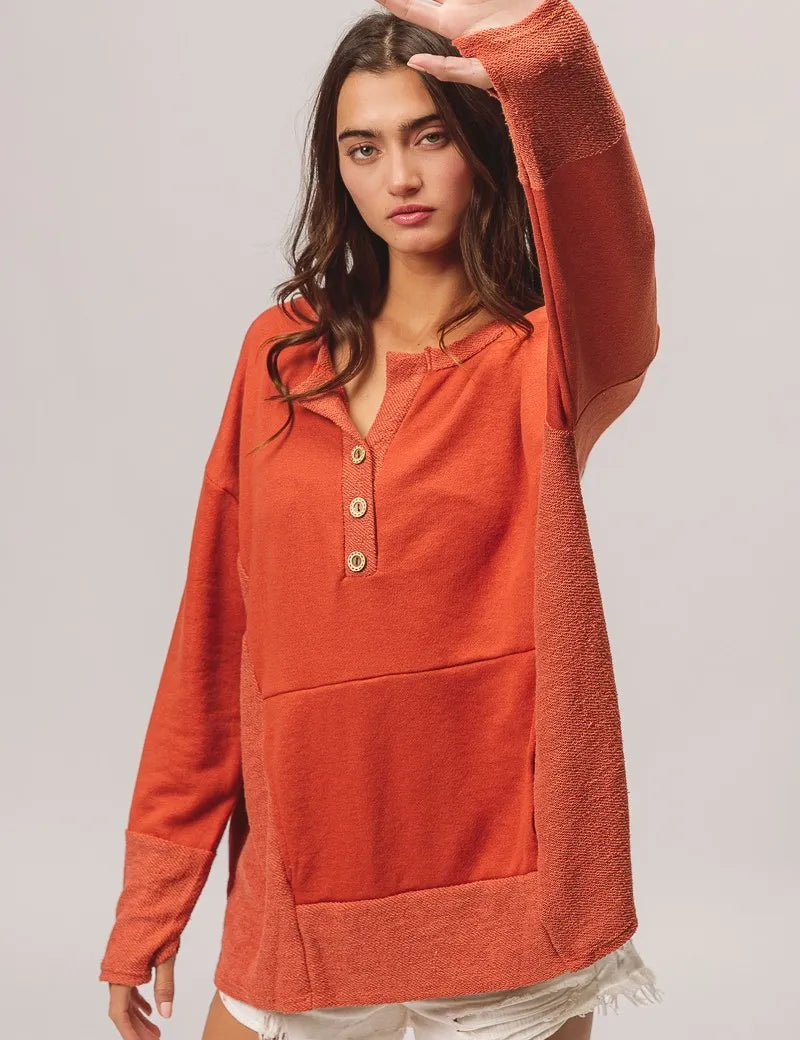 BiBi French Terry Knit Side Block Buttoned Henley Top on Simply Obsessed