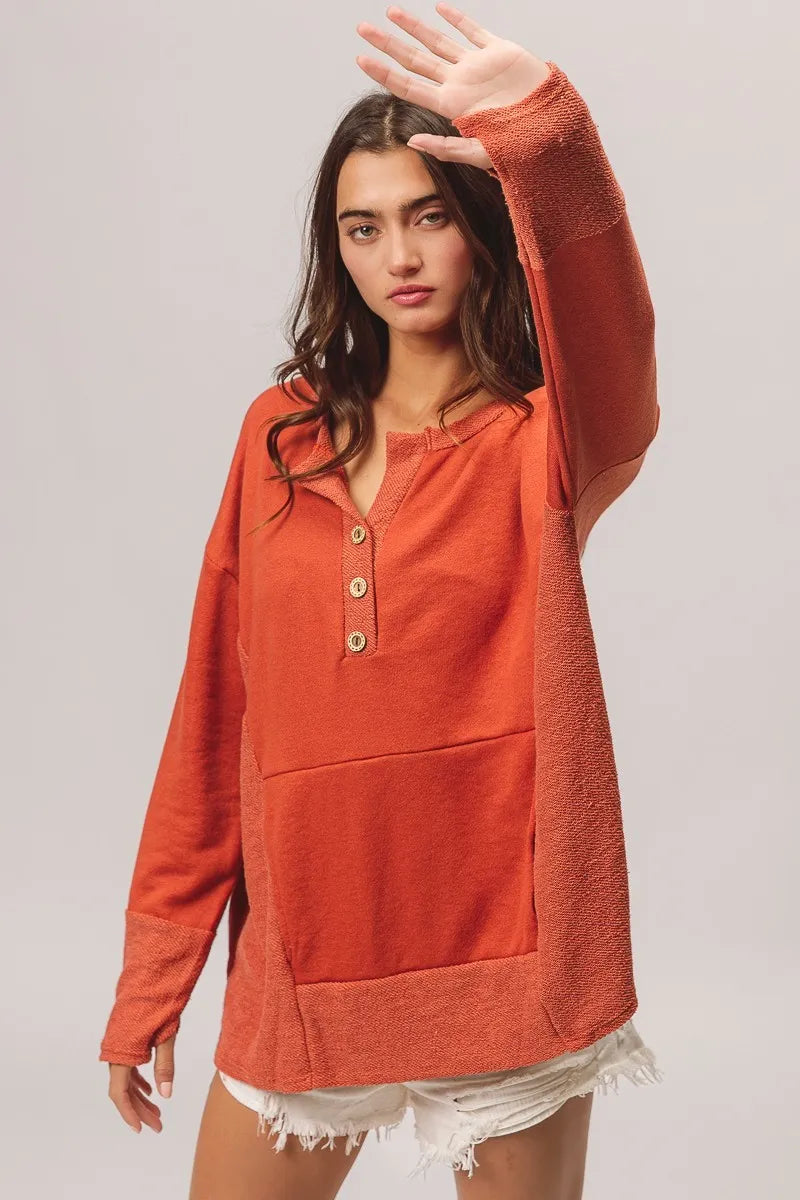 BiBi French Terry Knit Side Block Buttoned Henley Top on Simply Obsessed