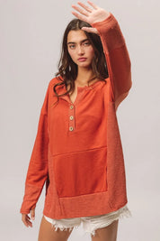 BiBi French Terry Knit Side Block Buttoned Henley Top on Simply Obsessed
