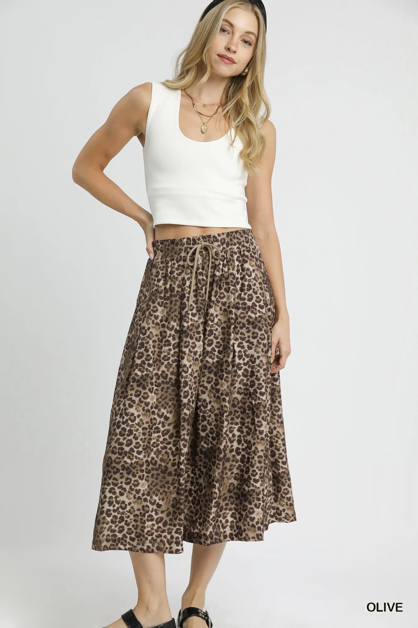 Umgee Drawstring Leopard Midi Skirt on Simply Obsessed