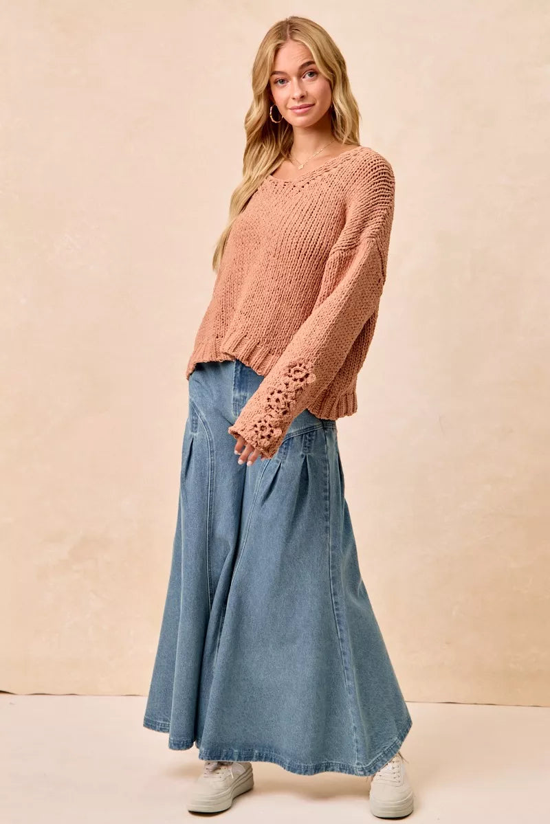 BiBi Chunky Knit Sweater with Flower Detail Sleeves on Simply Obsessed