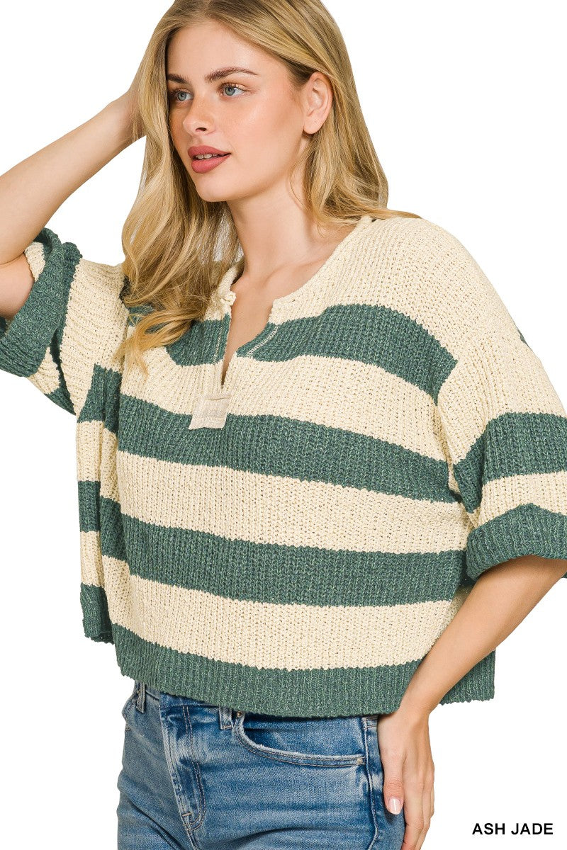 ZENANA Split Neck Stripe Sweater on Simply Obsessed