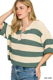 ZENANA Split Neck Stripe Sweater on Simply Obsessed