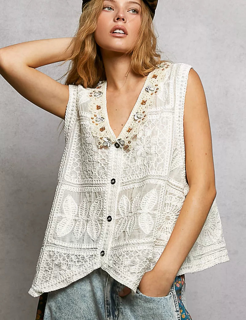 POL Lace Trim Embroidered Floral V-Neck Crochet Vest on Simply Obsessed