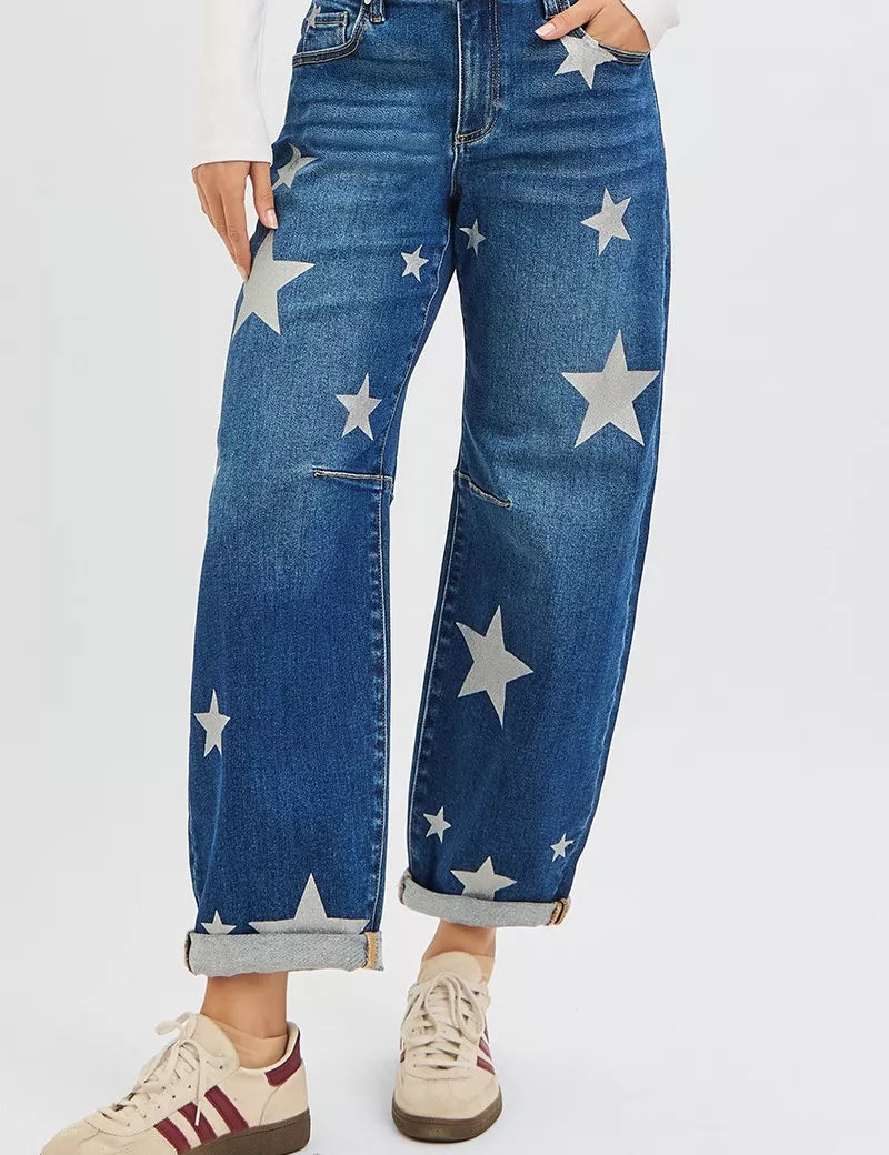 RISEN Mid Rise Ankle Length Relaxed Barrel Star Printed Jeans on Simply Obsessed