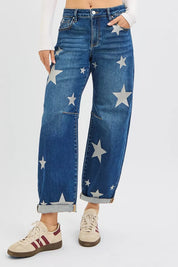RISEN Mid Rise Ankle Length Relaxed Barrel Star Printed Jeans on Simply Obsessed