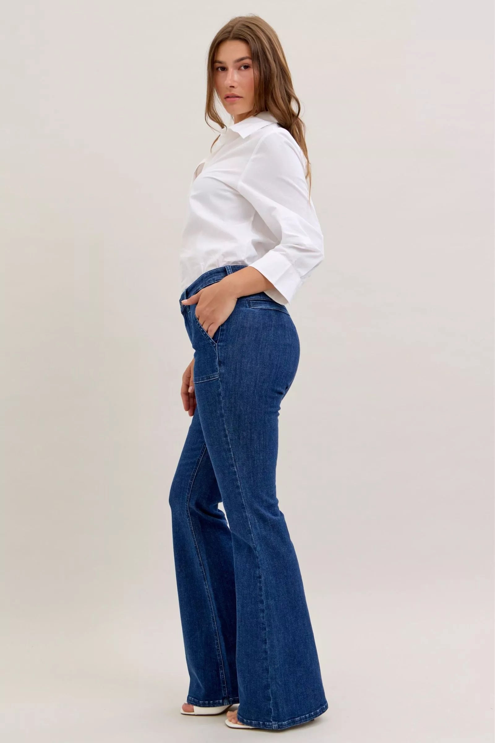 Judy Blue High Waist Flare Jeans with Front Patch Pockets on Simply Obsessed