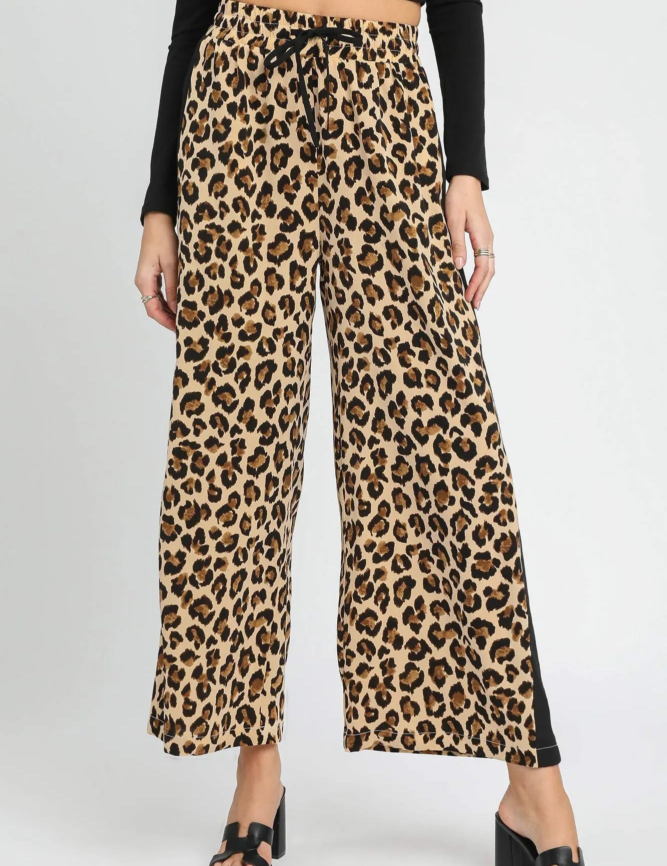 Umgee Leopard Print Wide-Leg Drawstring Pants on Simply Obsessed
